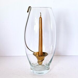 Vintage Ambrosia Glass Hurricane & Brass Hanging Taper Candle Holder – 13” x 6”